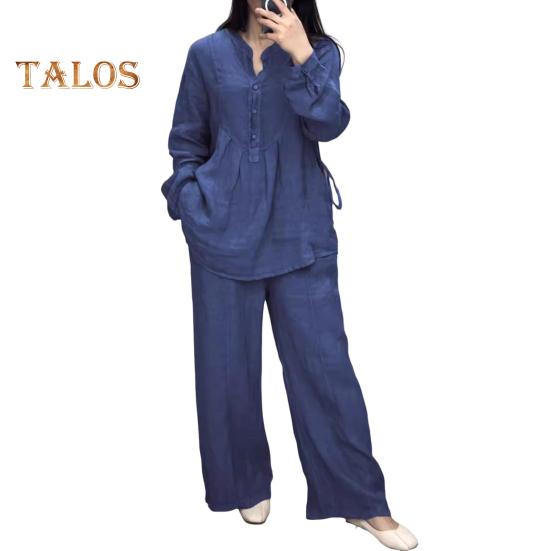2 Pcs/Set Women Top Pants Suit Round Neck Half Single-breasted Long Sleeves Loose Blouse Wide Leg Pure Color Trousers Casual Pantsuit Sport Clothes