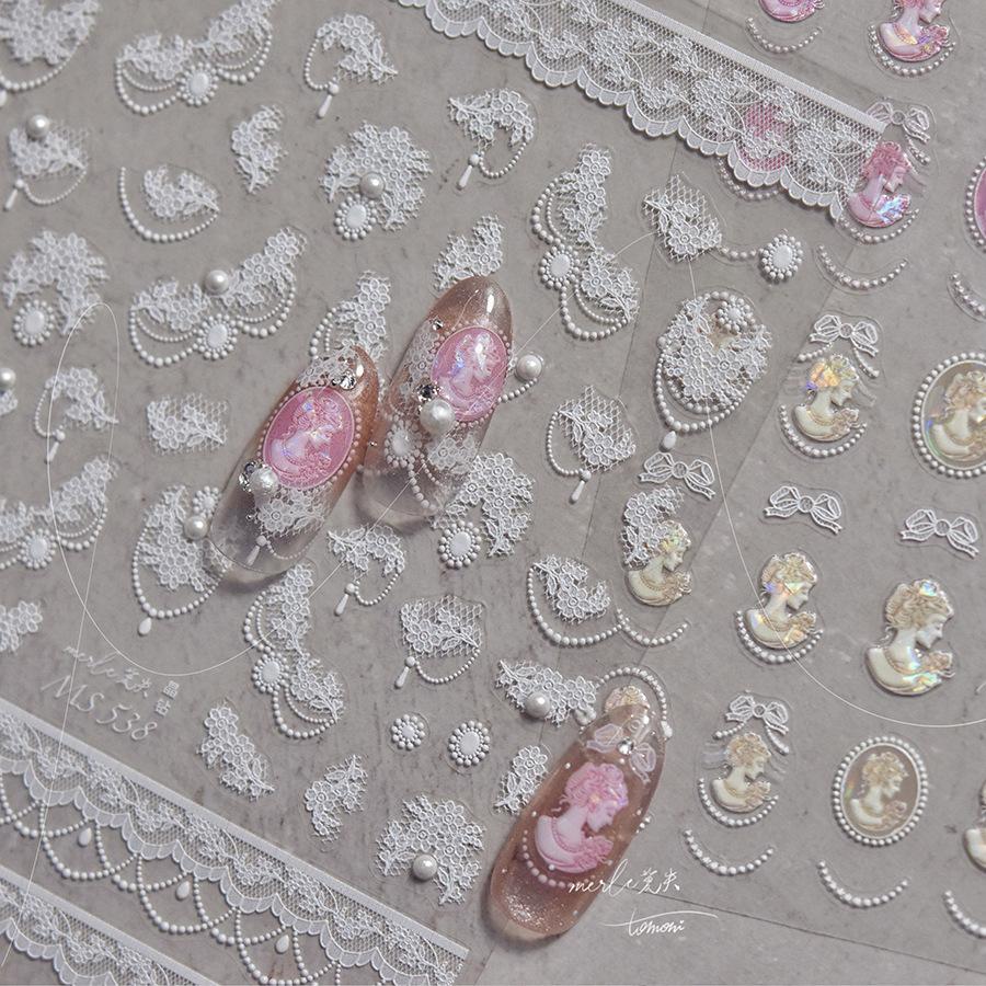 1pcs 5D Diamond White Lace Bow Nail Art Stickers Pearl Rhinestones Nail Decoration Adhesive Decals Slider DIY Accessory