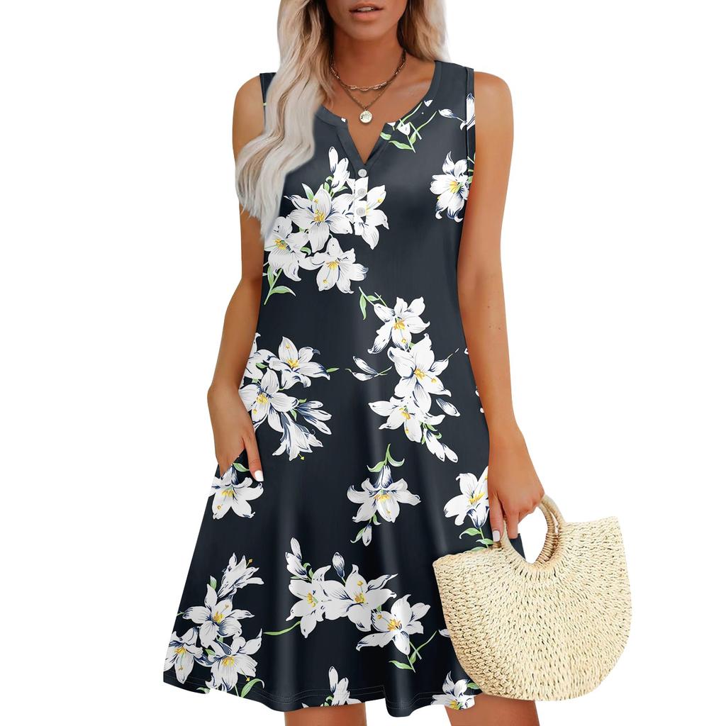 Женские летние платья Свободные сарафаны без рукавов с V-образным вырезом Платье с карманами