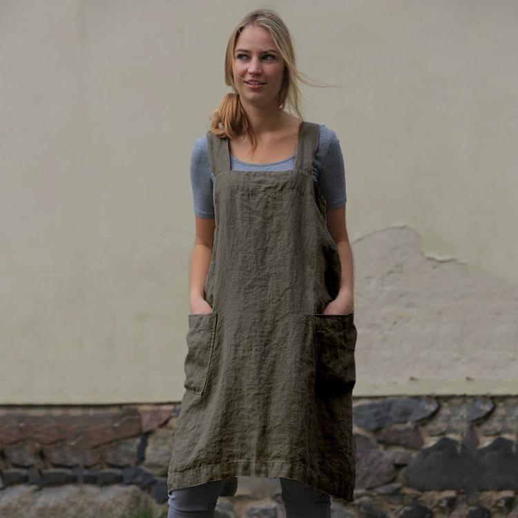 Женский фартук из хлопка и льна, домашняя одежда, свободное длинное платье