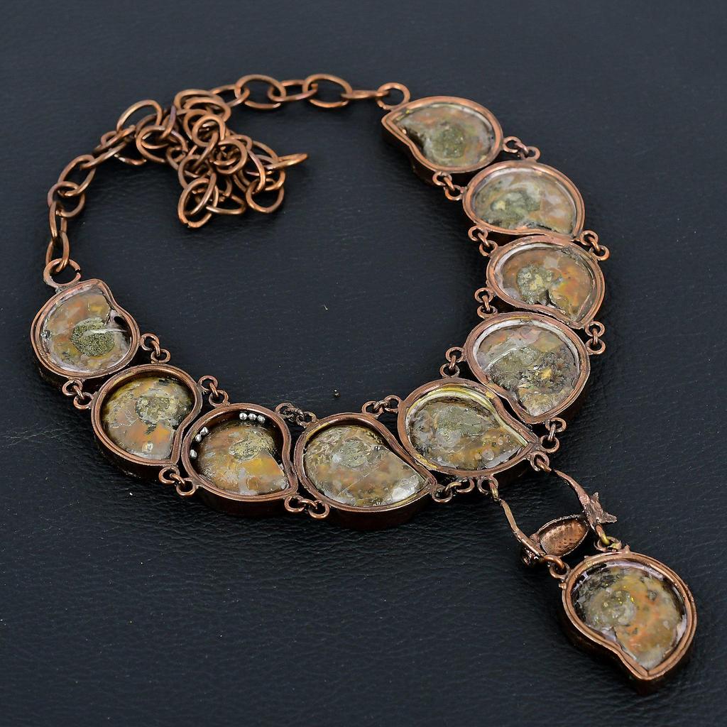 Ammonite Fossil Copper Electroformed Necklace with Adjustable Chain, Handmade Gemstone Jewelry Necklace For Memorial Day