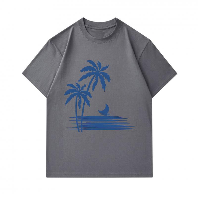 Men's 100% Cotton Crew Neck Short Sleeve T-Shirt, Casual Tropical Palm Tree Crescent Moon Sea Print Lightweight Breathable Summer Daily Tee for Men
