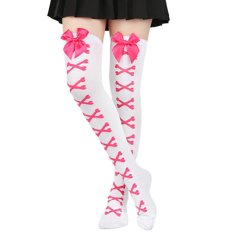 1 пара Черные Милые Розовые Чулки до Бедра в Стиле Y2K Harajuku Lolita для Девочек Носки с Костяным Бантом Streetwear