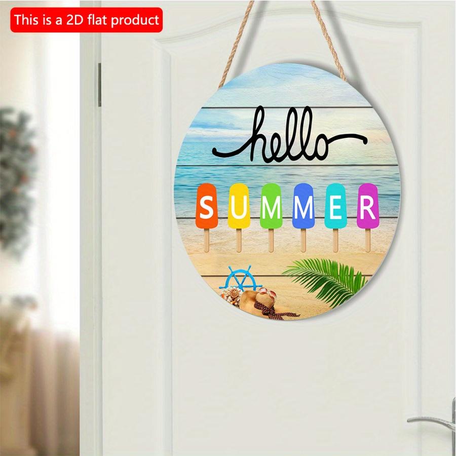 2D Flat 20*20cm 1pc Hello Summer Sea&beach View Terrific Round Decor Front Door Sign, Ice Cream&coconut Tree Patterns Cool Style High Quality Wooden