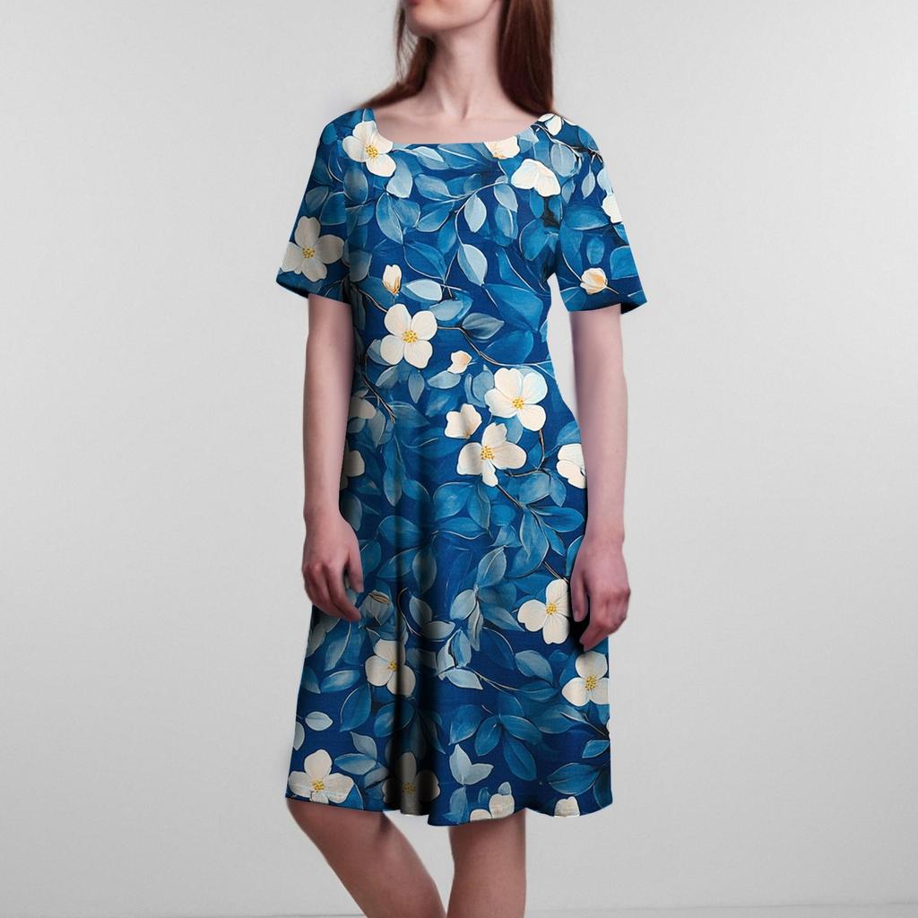 Женское свободное повседневное и модное платье с круглым вырезом и короткими рукавами, средней длины с принтом