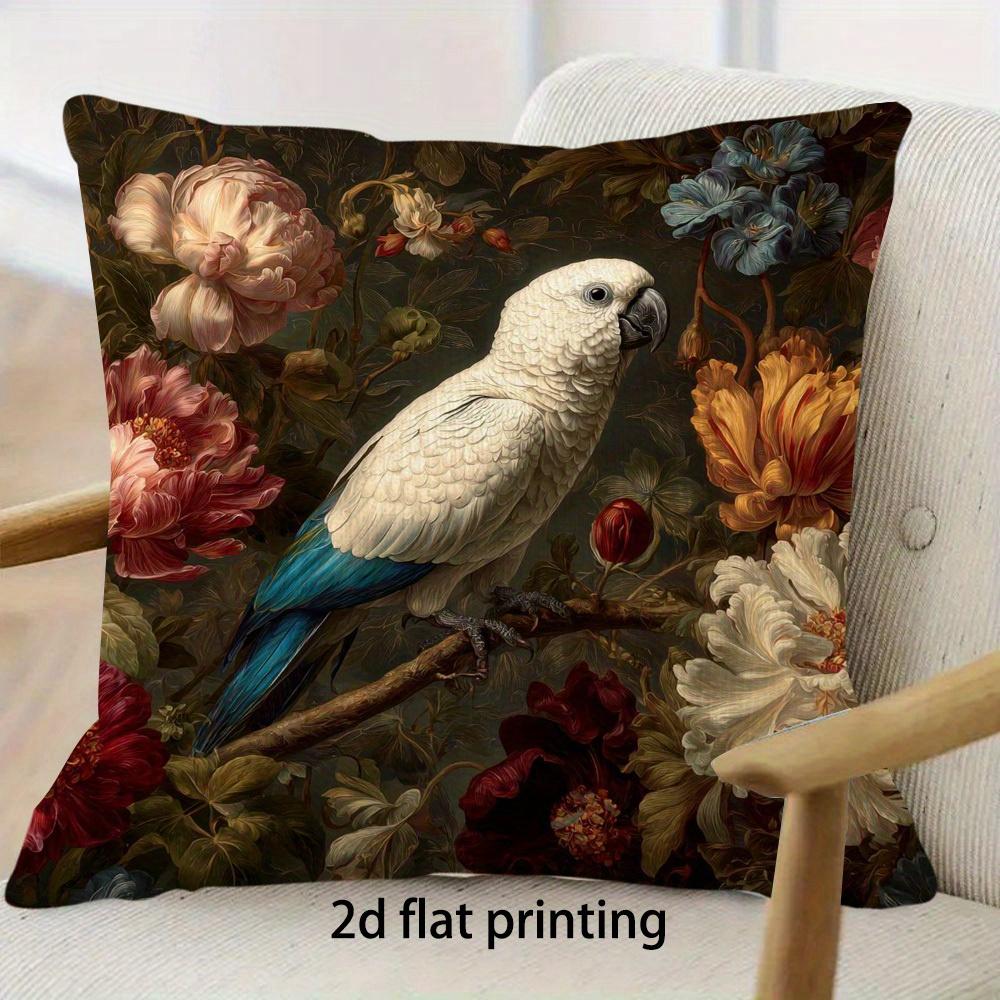 1pc Parrot and Exotic Flowers Pillowcase - Soft and Comfortable Polyester Short Plush Fabric, Single-Sided Print, Pillow Insert Not Included, 44.96*44