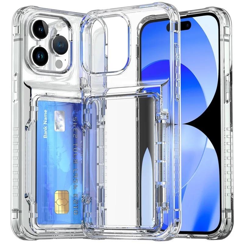 Прозрачный держатель для карточек, чехол для телефона iPhone 16, 15, 14 Plus, 13, 12, 11 Pro Max, ударопрочный, жесткий, акриловый, прозрачный чехол