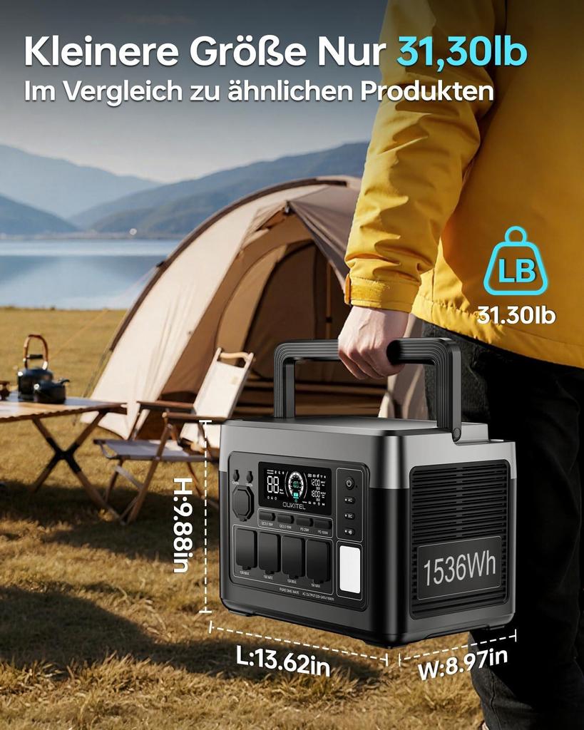 Oukitel p1500E plus Portable Power Station, 1536Wh Capacity, LiFePO4 Battery, 4 AC Outlets