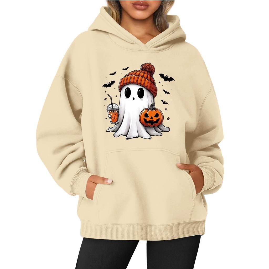Женская однотонная толстовка с капюшоном с длинным рукавом и принтом на Хэллоуин