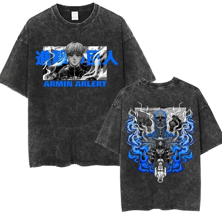 Washed Retro Anime Attack Titan Pattern T-Shirt Men'S And Women'S Comics Retro Oversized T-Shirt Men'S Fashion Casual Cotton T