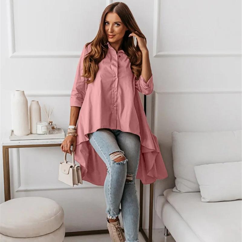 Women Spring Autumn Long Sleeve Lapel Solid Color Loose Irregular Long Shirt Blouse Top
