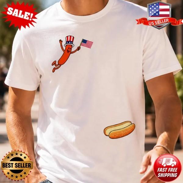 Hotdog Freedom Dive Funny Hot Dog Jumping Into Bun Patriotic T-Shirt S-5XL