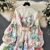 Plus Size Elegant Floral Print Holiday Beach Long Maxi Robe Dresses Women Spring Summer Stand Lantern Sleeve Sashes Robes