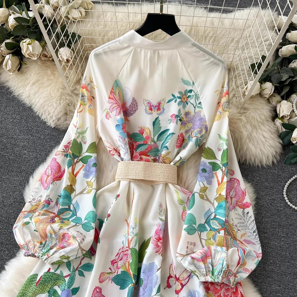 Plus Size Elegant Floral Print Holiday Beach Long Maxi Robe Dresses Women Spring Summer Stand Lantern Sleeve Sashes Robes