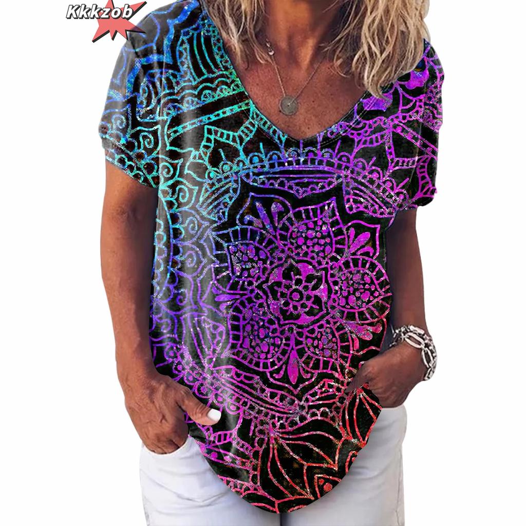 Винтажный топ с принтом, женская уличная одежда с короткими рукавами, летняя футболка, женская модная повседневная футболка с v-образным вырезом, женская одежда большого размера Y2k