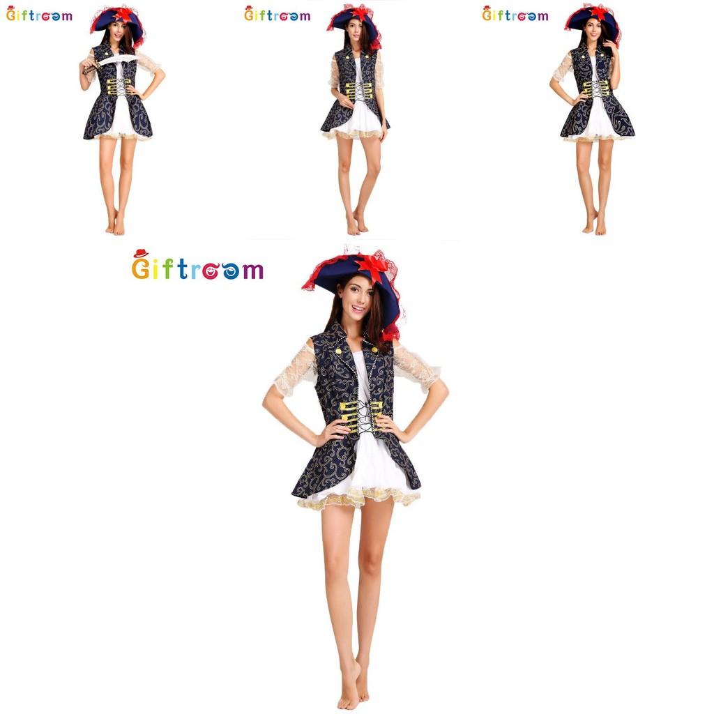 Привлекательная пиратская форма для взрослых женщин с изысканным синим цветочным узором для сценических выступлений