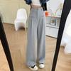 Gray High-Waisted Wide-Leg Pants for Petite, Loose Casual Commuter Style, Floor-Length for Spring/Autumn.