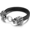 Готический панк-стиль Браслет с двойной головой черепа для мужчин Ретро Нержавеющая сталь и плетеная кожа Мужские браслеты-обертывания Ювелирный аксессуар