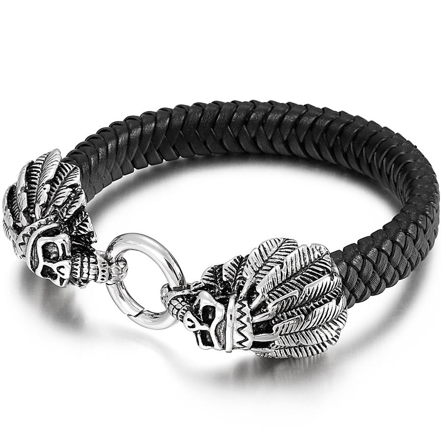 Готический панк-стиль Браслет с двойной головой черепа для мужчин Ретро Нержавеющая сталь и плетеная кожа Мужские браслеты-обертывания Ювелирный аксессуар