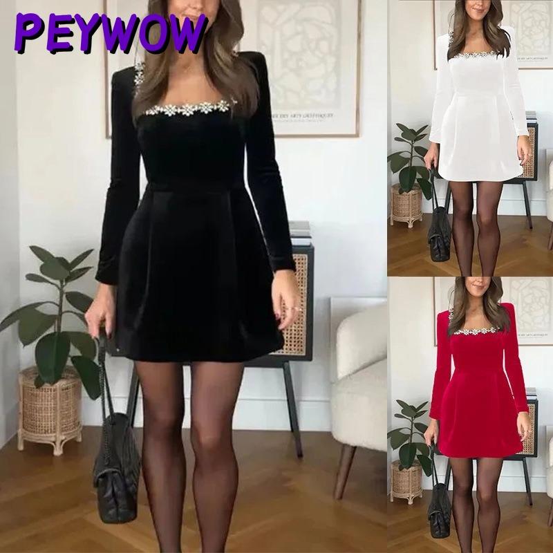 PEYWOW Женская мода осень-зима сплошной цвет печати с длинным рукавом квадратный воротник повседневные платья