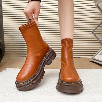 Мода Без подкладки Автомобильный шов Блочный каблук Одинарные ботинки Женская мода Круглый носок Платформа Нескользящие Износостойкие Короткие ботфорты до бедра
