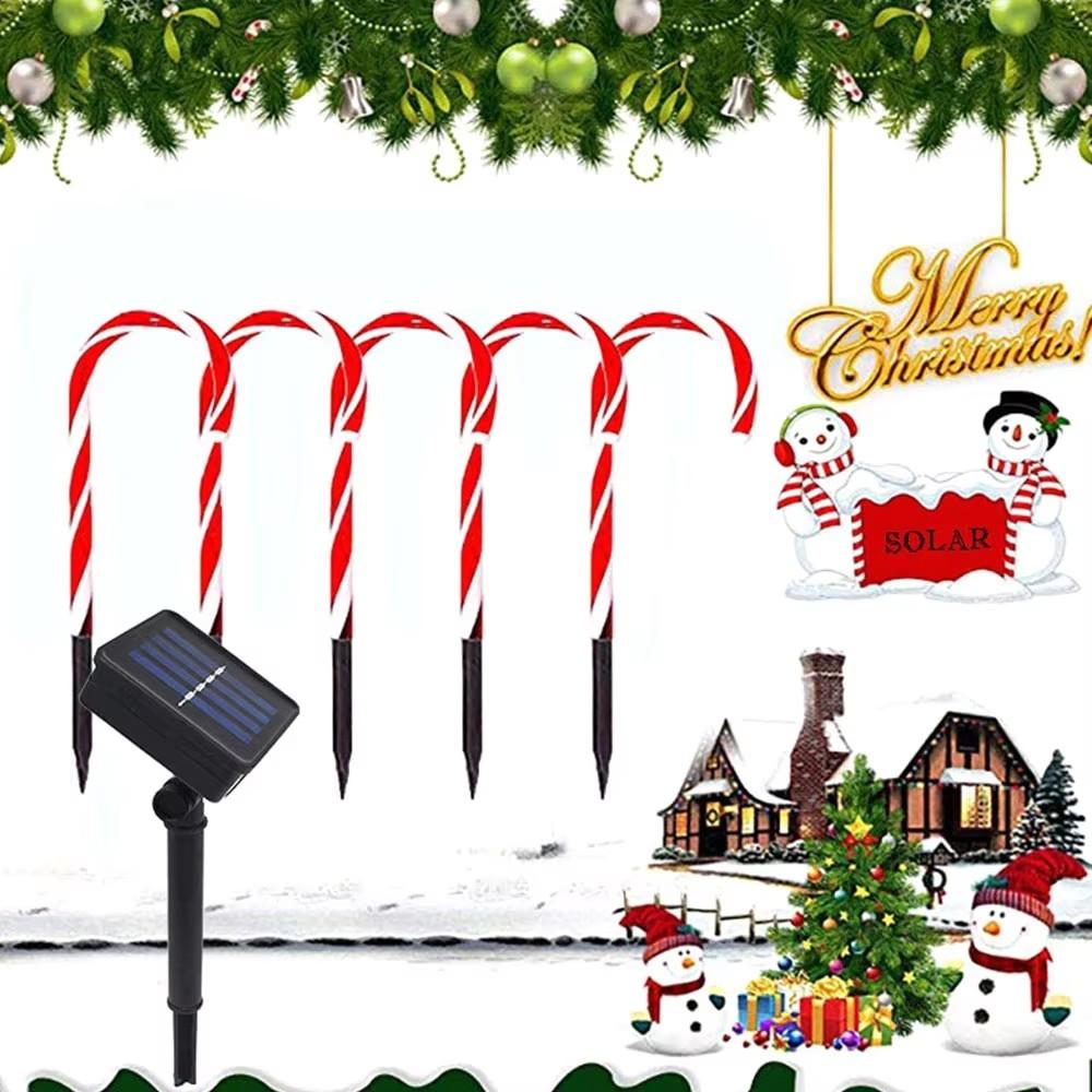 5 In 1 Christmas Candy Cane Lights Outdoor Solar Landscape Lamps Christmas Solar Stake Lights For Garden Lawn Yard Christmas Decoration