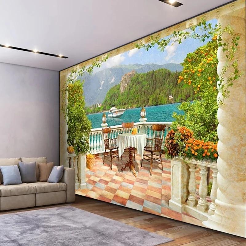 Фотообои 3D колонна балкон вид на озеро фрески гостиная спальня ресторан фон обои домашний декор
