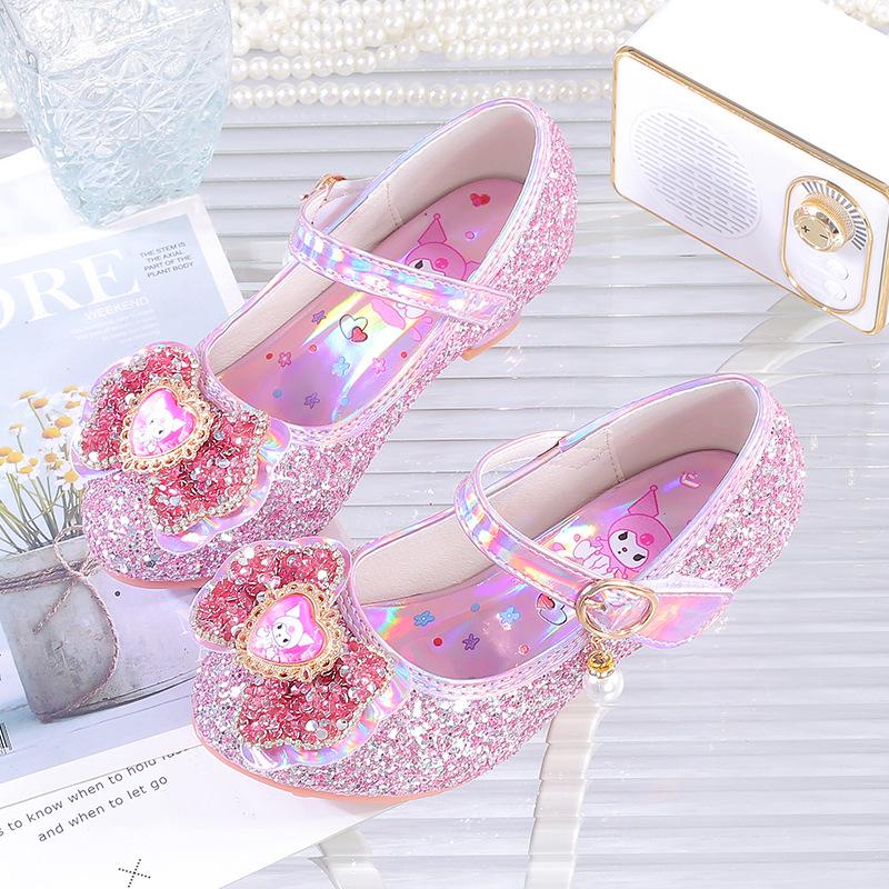 Girls Princess Shoes Children's High Heels Summer Leather Shoes Summer Crystal Shoes with Dress Rhinestones Little Girl Performance Shoes