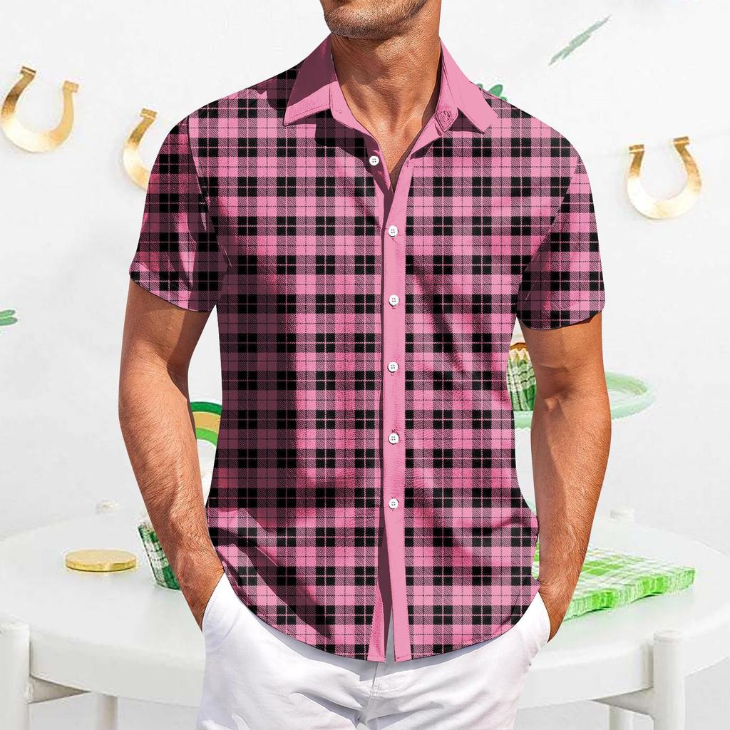 Мужская повседневная рубашка с короткими рукавами, приталенная, модная, с принтом в клетку
