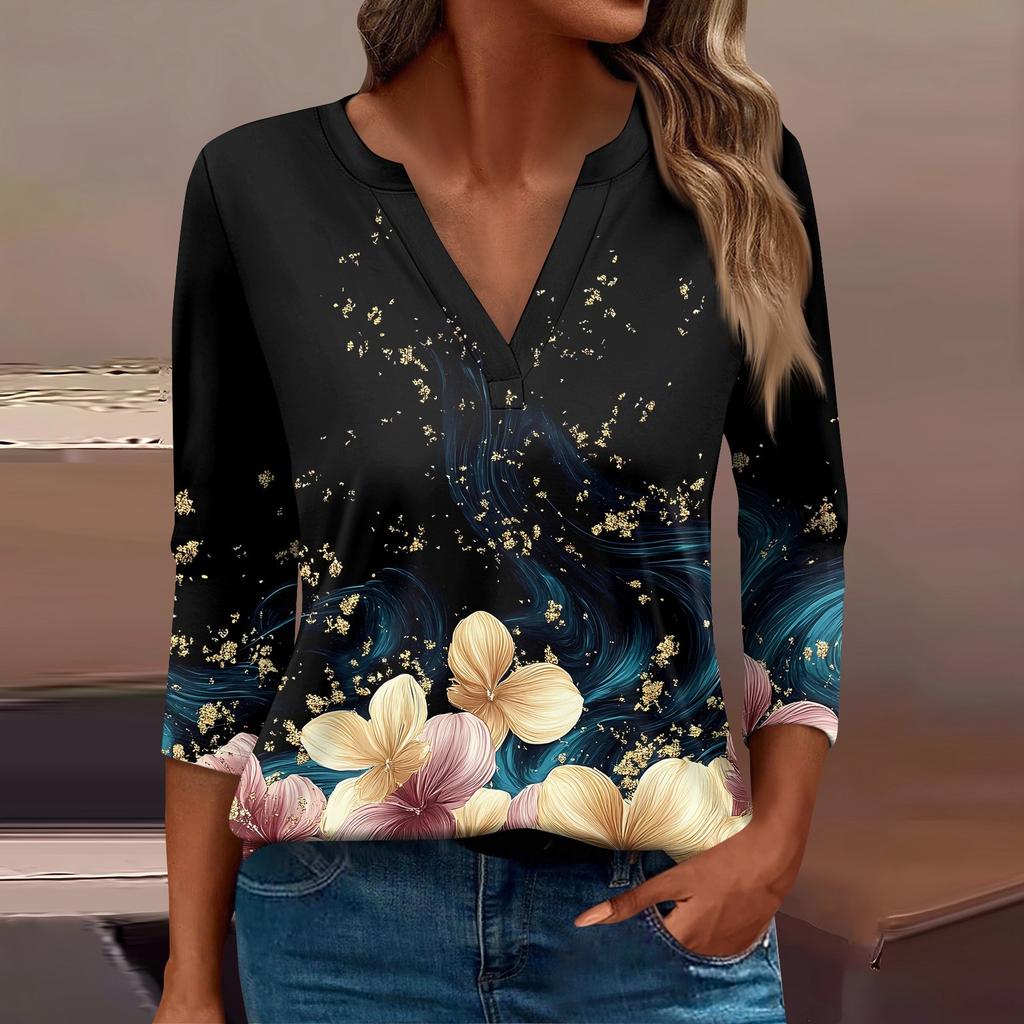 Женская футболка Футболка с принтом Рукав 3/4 Повседневные Выходные Мода Базовый V-образный вырез Обычный топ