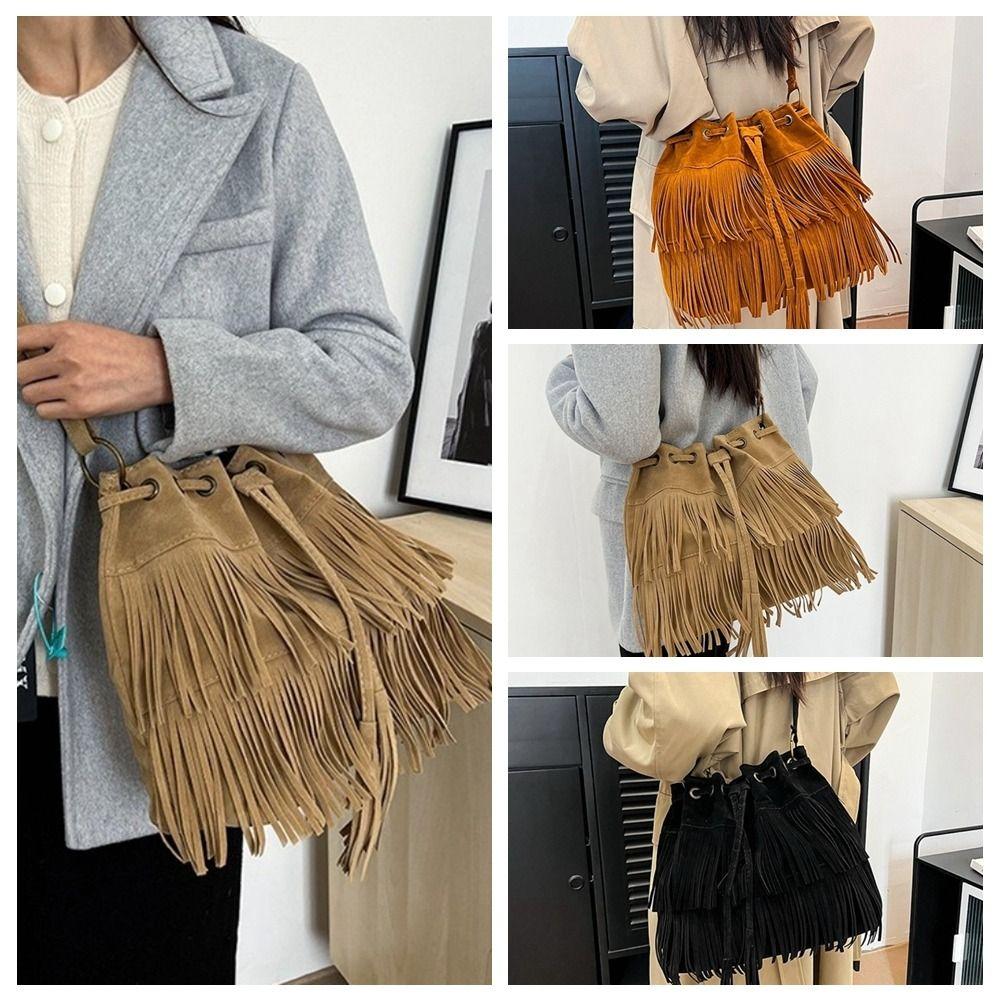 PU Leather Suede Handbag Korean Style Drawstring Bucket Bag Casual Tassel Shoulder Bag  Travel