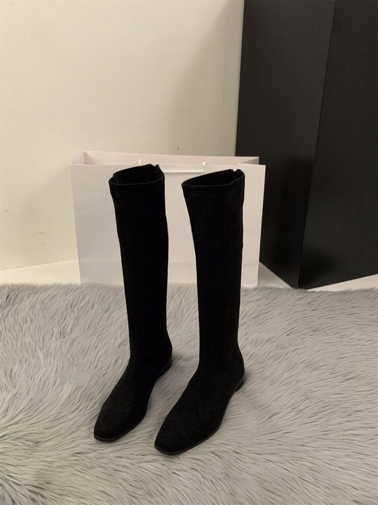 Замшевые тонкие длинные сапоги с толстым каблуком и острым носком, женская обувь 2024 года, новая осенне-зимняя версия, длинные сапоги в корейском стиле, средние сапоги-трубы в стиле рыцарь