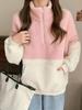 Women's Heavyweight 300g Lambswool Color Block Pullover: Half High Collar Long Sleeve Warm Sweatshirt for Autumn/Winter.