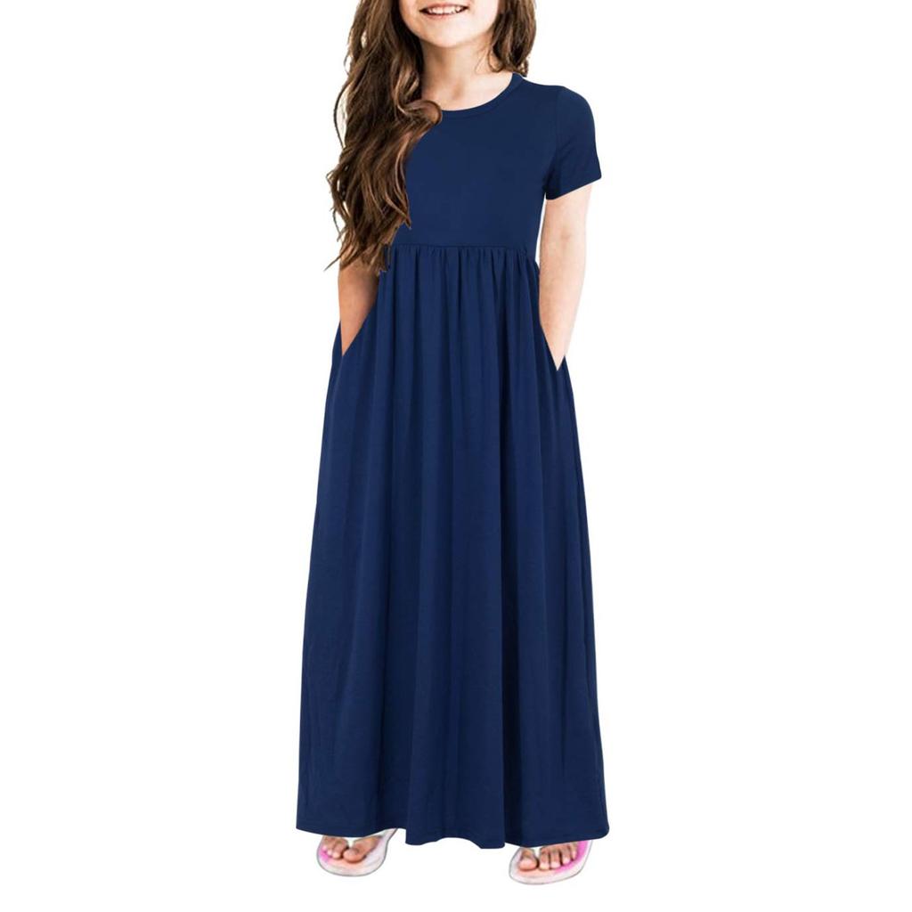 Летнее платье для девочек с круглым вырезом, короткими рукавами и карманами, длинной юбкой