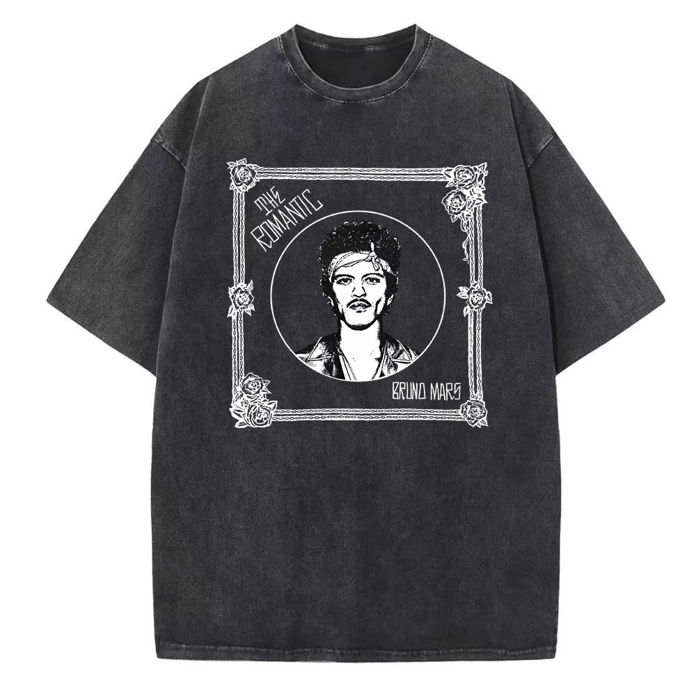 Bruno Mars The Romantic Tour Washed cotton printed Tshirt Men Women Hip Hop Short Sleeve Oversized summer male Tee Shirt