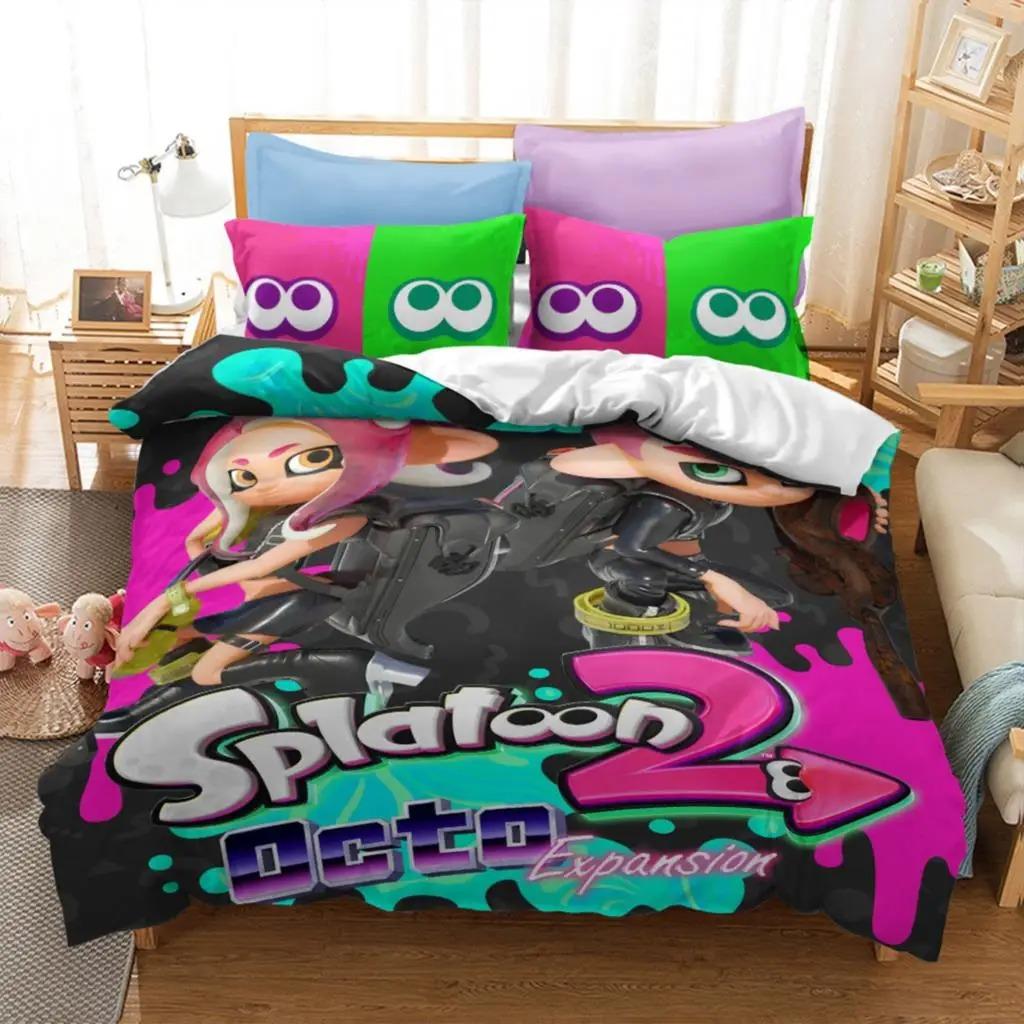 Популярный комплект постельного белья с принтом игры Splatoon 2, 3D-мультяшный комплект пододеяльников, наволочка для подушки, двуспальная кровать размера Queen, комплект постельного белья размера King Size