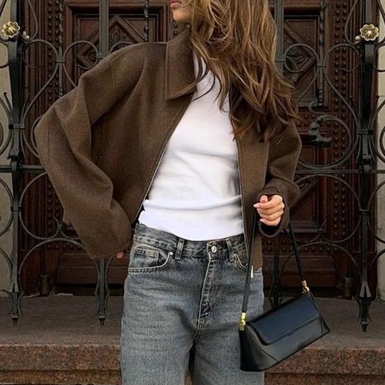 Женская шерстяная куртка на молнии, с длинными рукавами и лацканами, короткое пальто-бушлат, повседневная осенне-весенняя верхняя одежда с карманами