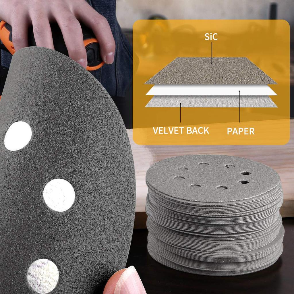Akuoly Sandpaper Pads for 125mm Carborundum 6 8 Holes 60-Sheet Sanders, SIC, Grits 400, 600, 800, 1000, 1500, 2000, Round,