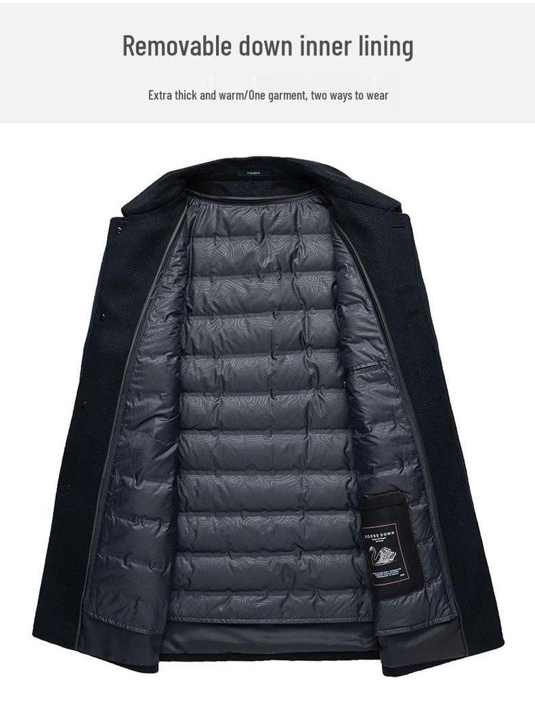 Мужское шерстяное пальто средней длины с гусиным пухом для осени и зимы - Кашемировое пальто для мужчин среднего и пожилого возраста