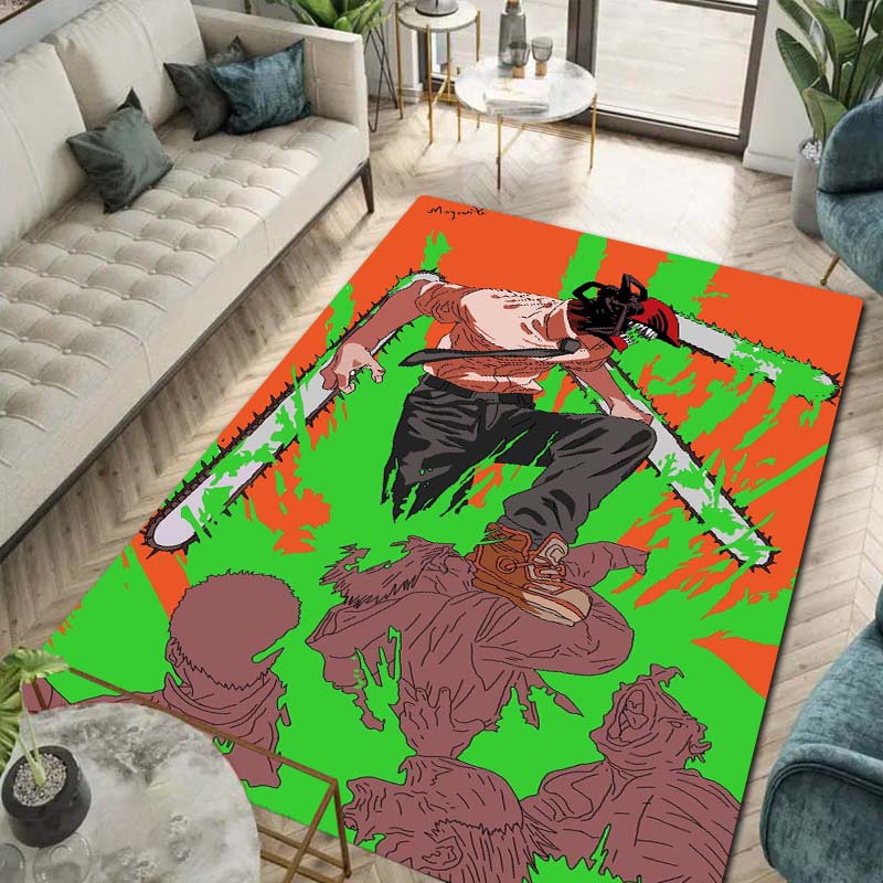 Chainsaw Man Anime Character Print Flannel Area Rug Non-Slip Soft Floor Mat For Couch Bedroom Living Room Indoor Home Decor Gift