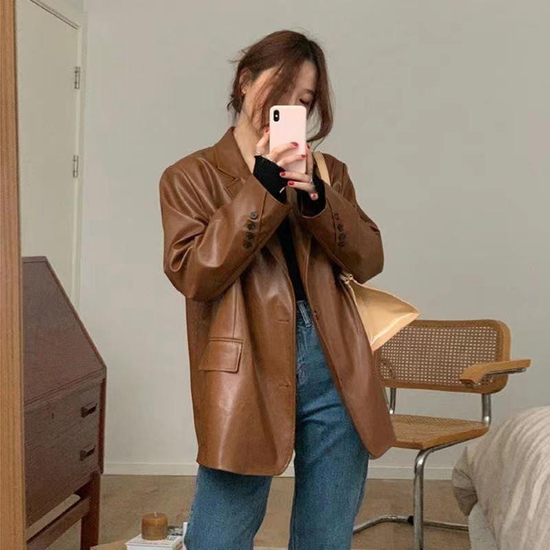 Женская свободная куртка из полиуретана в винтажном стиле с большим вырезом в черном и коричневом цветах