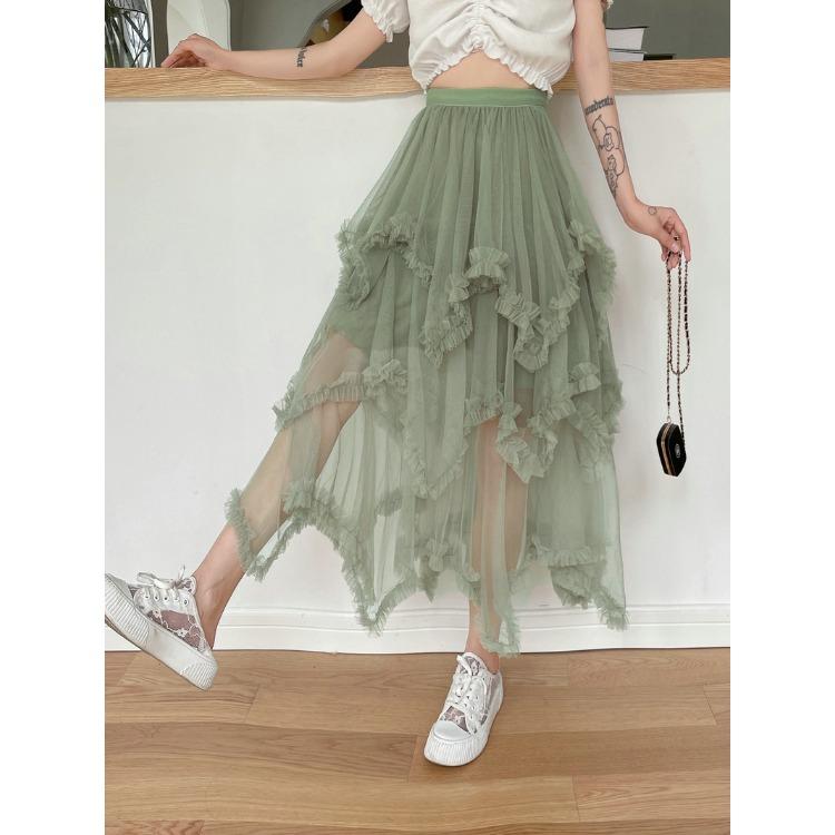 Весенне-осенняя женская юбка с деревянными ушками, нерегулярная сетчатая юбка для торта, полуоблегающая юбка средней длины с высокой талией, большие качели, длинная юбка из пушистой пряжи Fairy