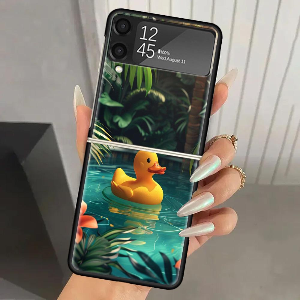 Резиновые Уточки Бассейн Жесткий PC Чехол для Телефона Для Samsung Galaxy Z Flip 7 6 5 4 3 Черный ZFlip7 ZFlip6 Flip5 Flip4 Flip3 5G Печать
