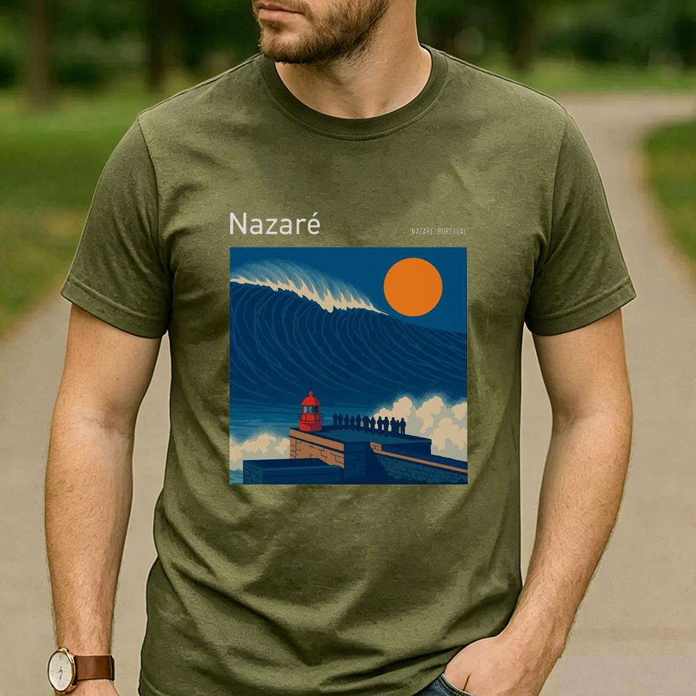European Surf Travel Graphic T Shirt Nazar Portugal Giant Wave Lighthouse Print Unisex Cotton Crew Neck Holiday Tops