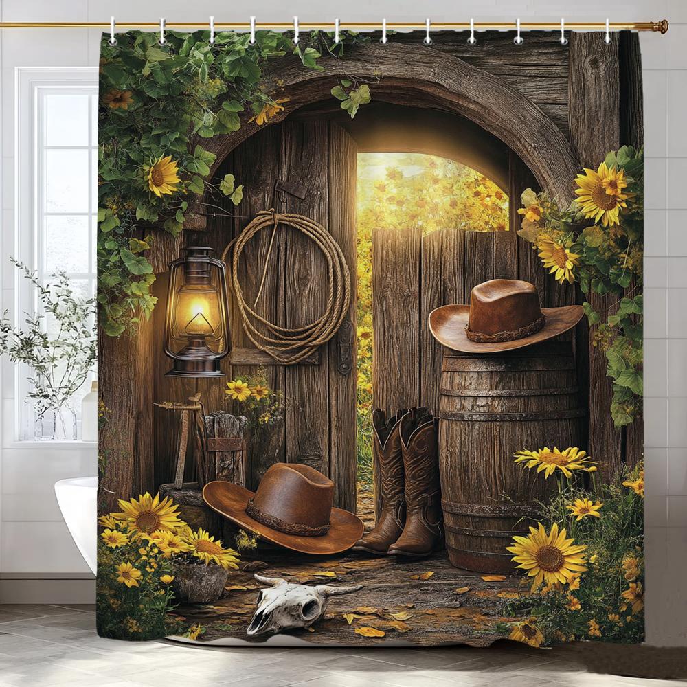 Rustic Farmhouse Garden Cowboy Theme Shower Curtain, Bathroom Decor Shower Curtain, Plants And Flowers Shower Curtain With Hooks