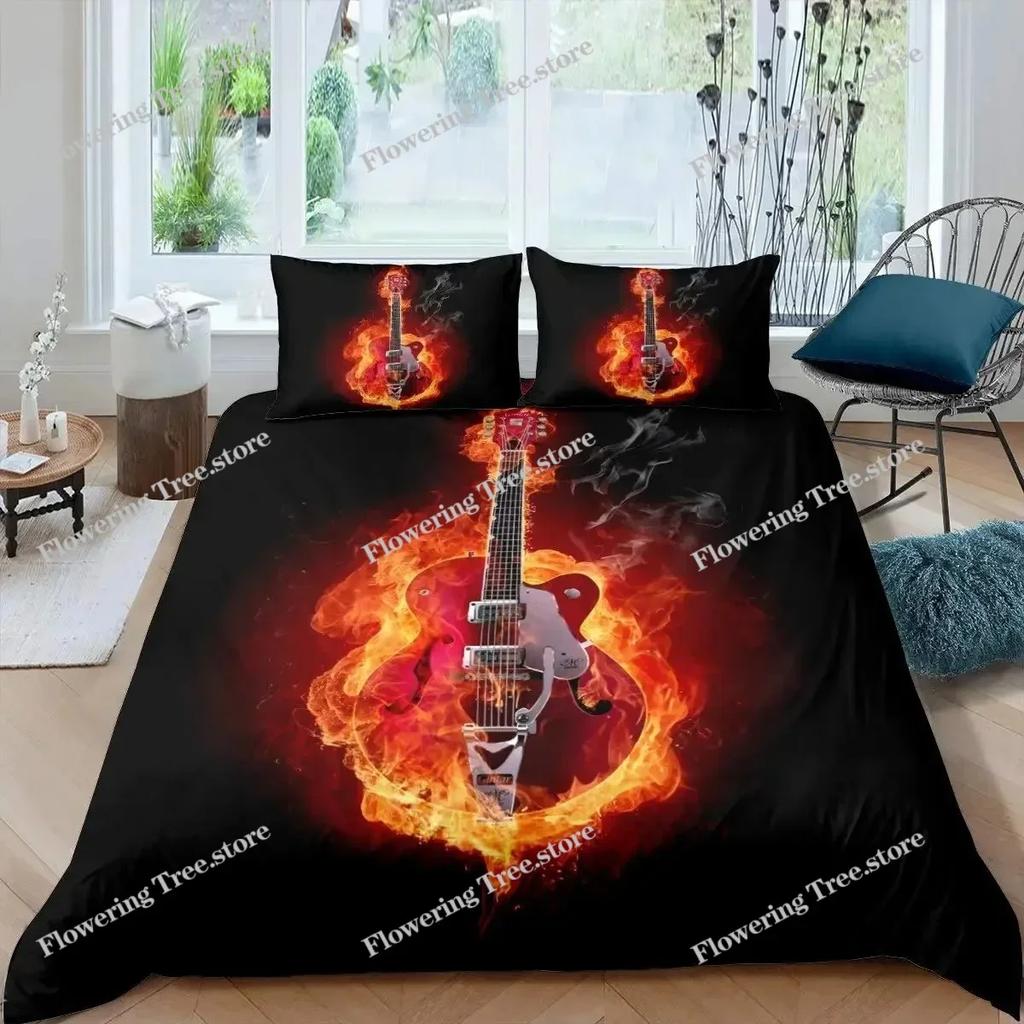 Пододеяльник с гитарой King Queen Size Rock Music Постельное белье для детей и подростков Винтажная гитара на деревянном полу Полиэстеровый пододеяльник Серый