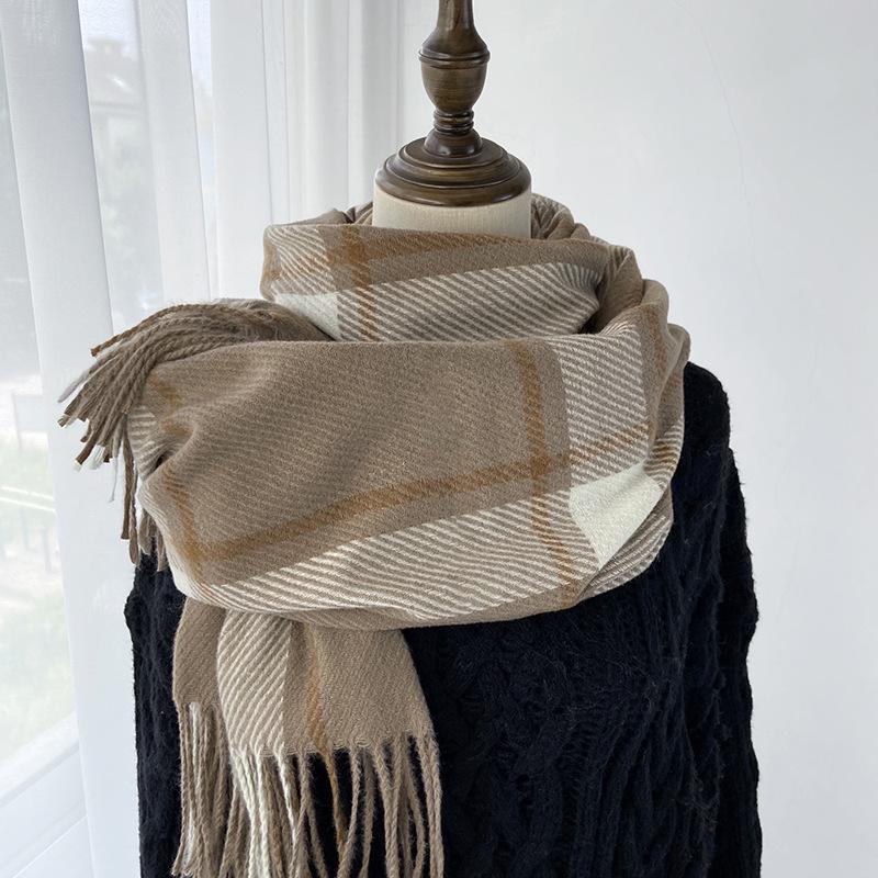 Vintage Striped Light Green Beige Winter Warmth Windproof Scarf for Men and Women, Dry Clean Only, Tassel Edges, Soft Texture, Outdoor Cozy