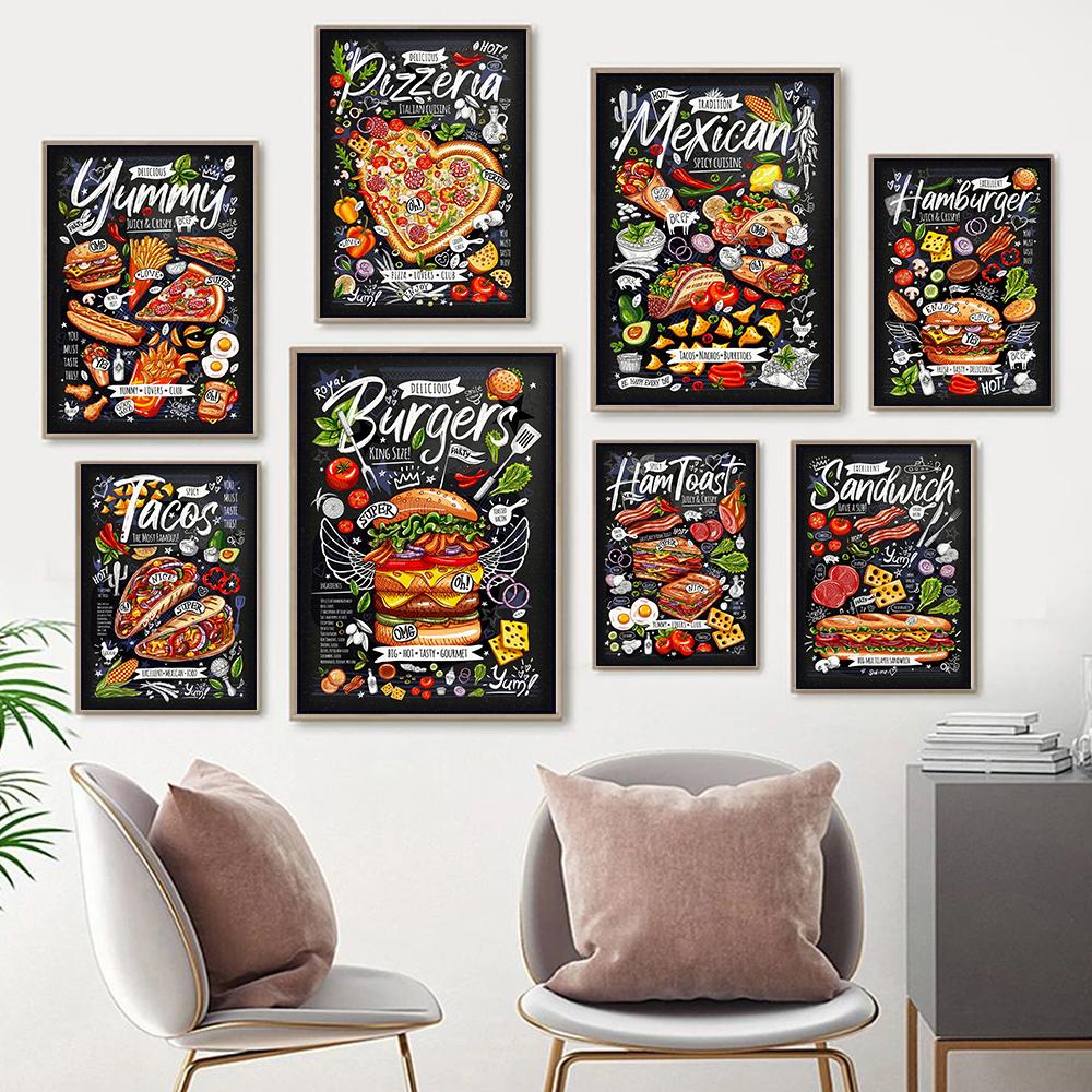 Декор для кухни, пицца, сэндвич, гамбургер, постер с едой, холст, живопись, принты, скандинавские настенные художественные фотографии, украшение для ресторана, дома