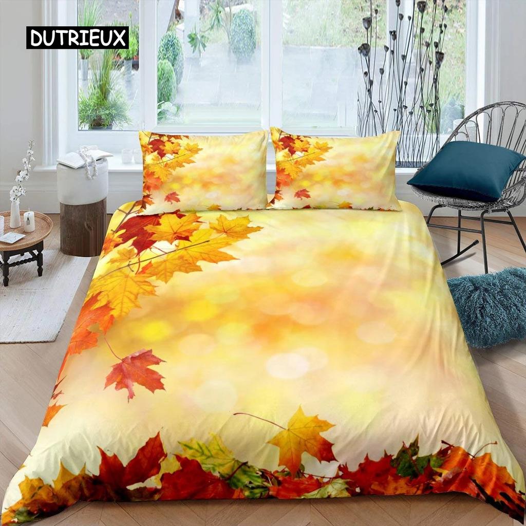 Maple Leaves Duvet Cover Set Colorful Autumn Season Maple Leaves In Unusual Designs Nature Print King Size 23pcs Bedding Set