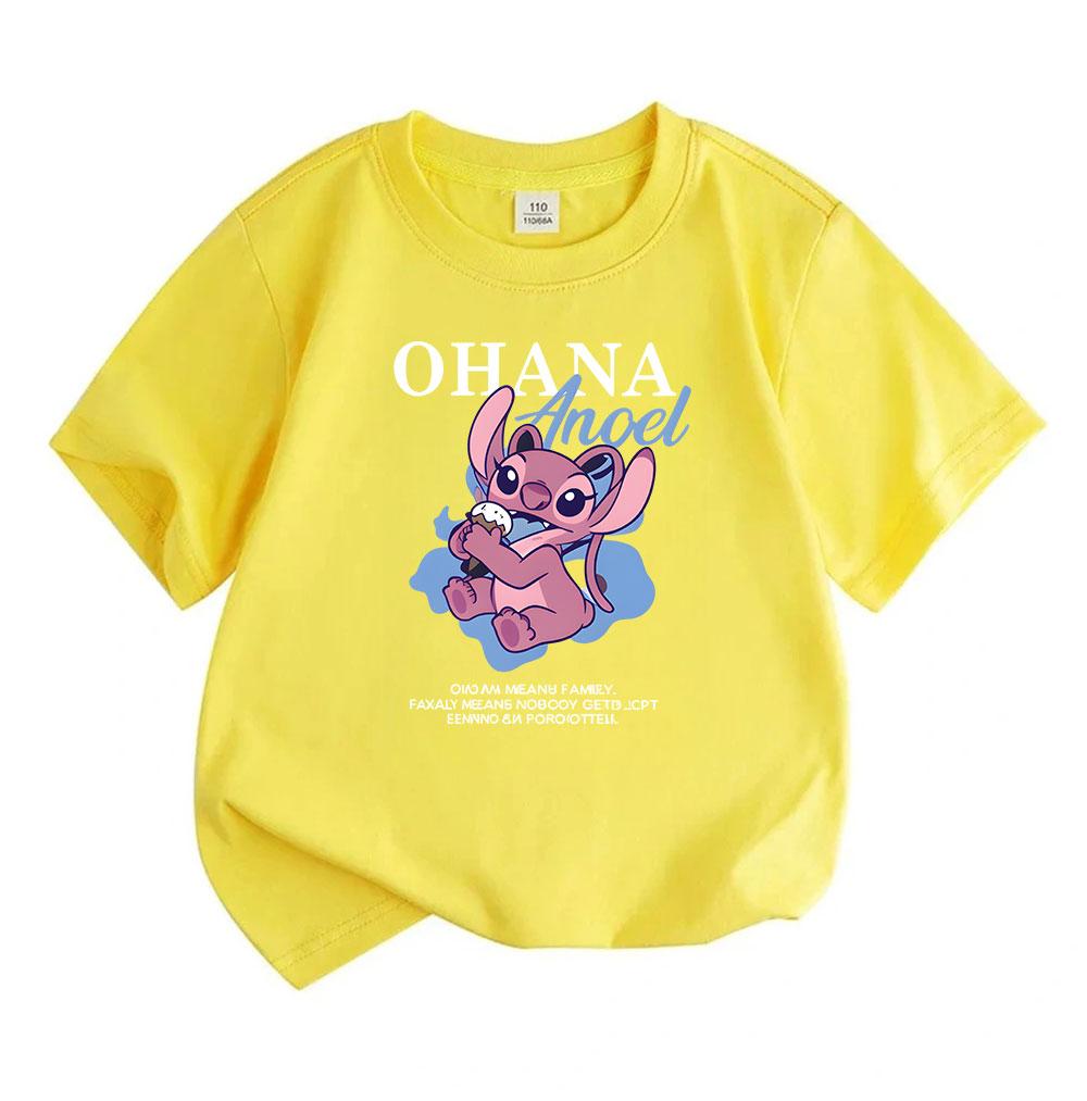 Kids Boys Girls 100% Cotton O-neck Short Sleeve T-shirt, Cute Pink Alien Character Ohana Print Casual Soft Tee for Daily Wear Summer Comfortable Tops